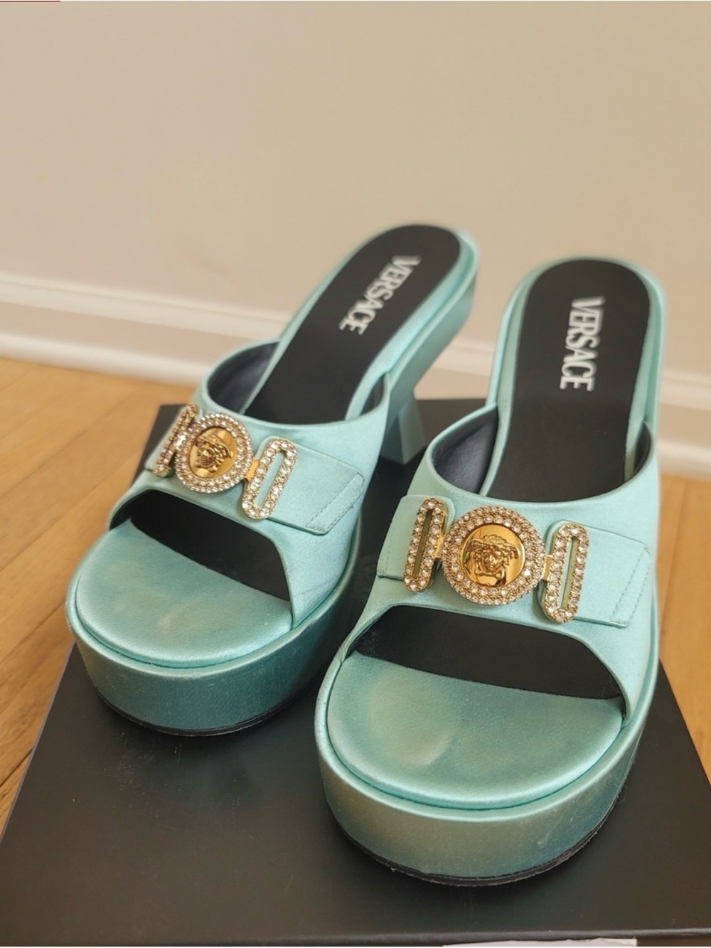 Versace Aqua Satin Platform Mules with Gold Medallion